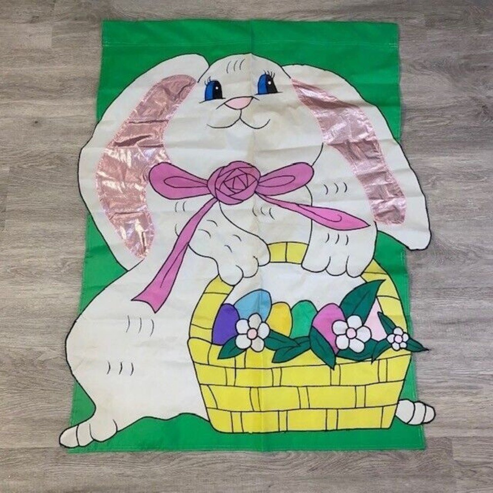 Embroidered Easter Bunny Spring Flag Double Side 28.5" x 39" Metallic Basket Egg